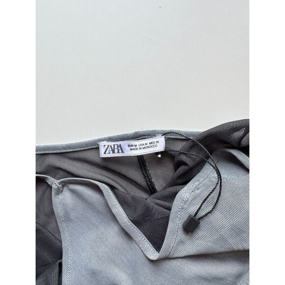 ZARA Grey Beige Landscape Print Mesh Long Sleeve Ruched Maxi Dress, Size M - Picture 13 of 16